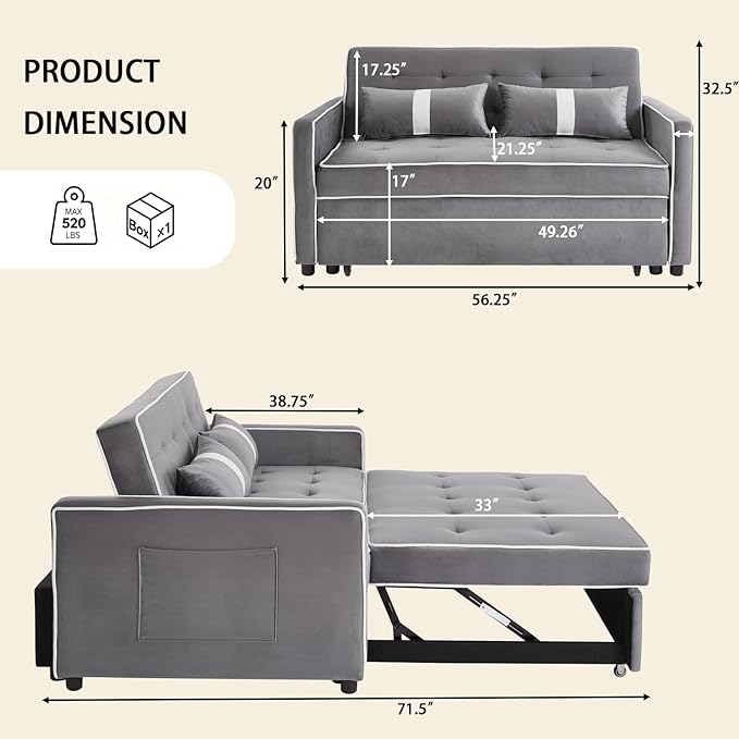 Convertible Sofa Bed, 3-in-1 Loveseat Futon Sofa Bed - Image 3