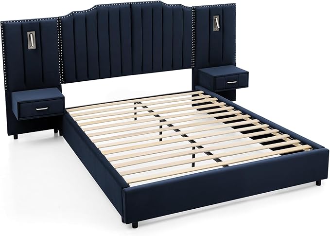 Luxury Queen Bed Frame with Headboard and Storage, Velvet Fabric Upholstered - Image 7