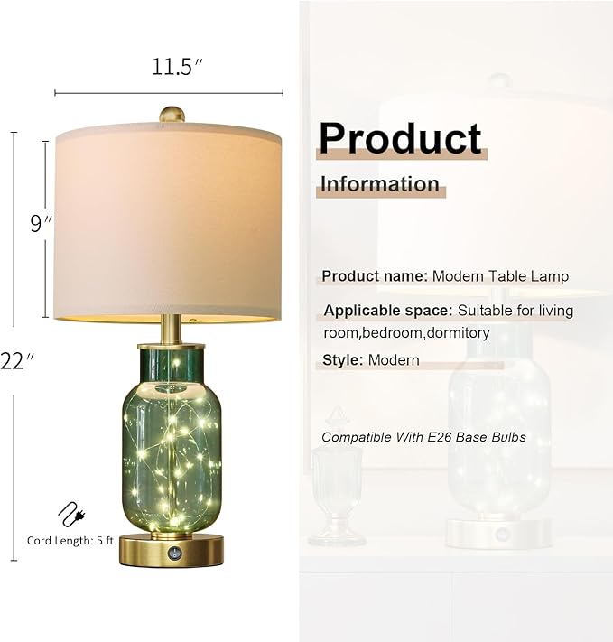 Oneach 22" Glass Table Lamps Set of 2, Nightstand Lamp - Image 5