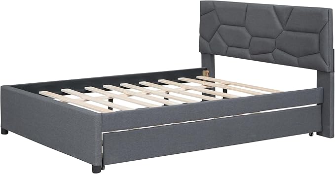Full Size Bed Frame with Twin Size Trundle, Linen Upholstered Platform Bed - Image 5