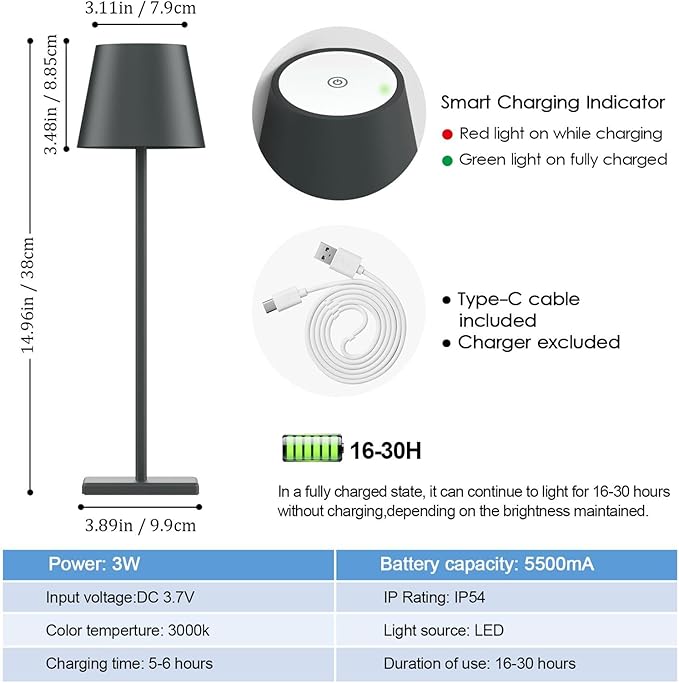 2 Packs LED Cordless Table Lamp, Rechargeable Battery Desk lamp 5500mAh Battery - Image 6