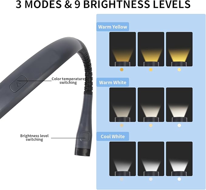 Book Light, 3-Color & 9-Brightness Reading Light, Bendable Neck Light, 80-hr - Image 6