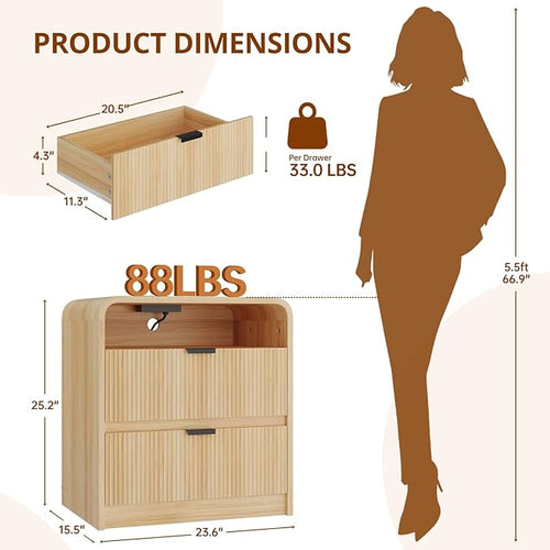 24” Fluted Nightstand with Charging Station, Modern Bedside Table with 2 Drawers - Image 2