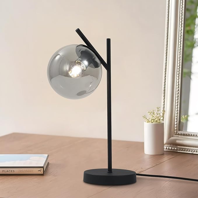 Black Table Lamp Vintage Metal Desk Lamp Modern Smoke Gray Glass Globe by Fulesi