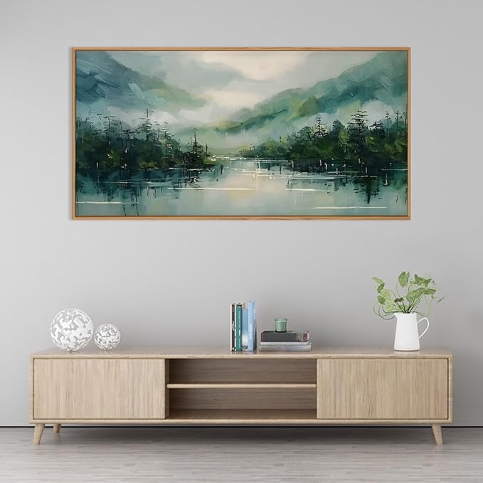 LHIUEM Large Foggy Forest Mountain Framed Canves Wall Art Set, Nature Green - Image 4