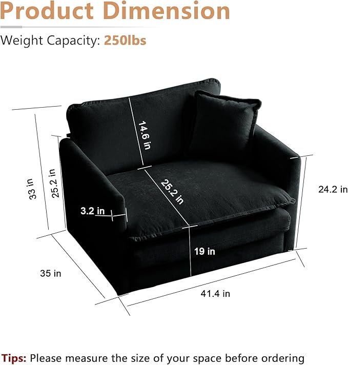 mikibama 41.4 Inch Single Seat Sofa, Chenille Comfy Deep Upholstered Couch - Image 2