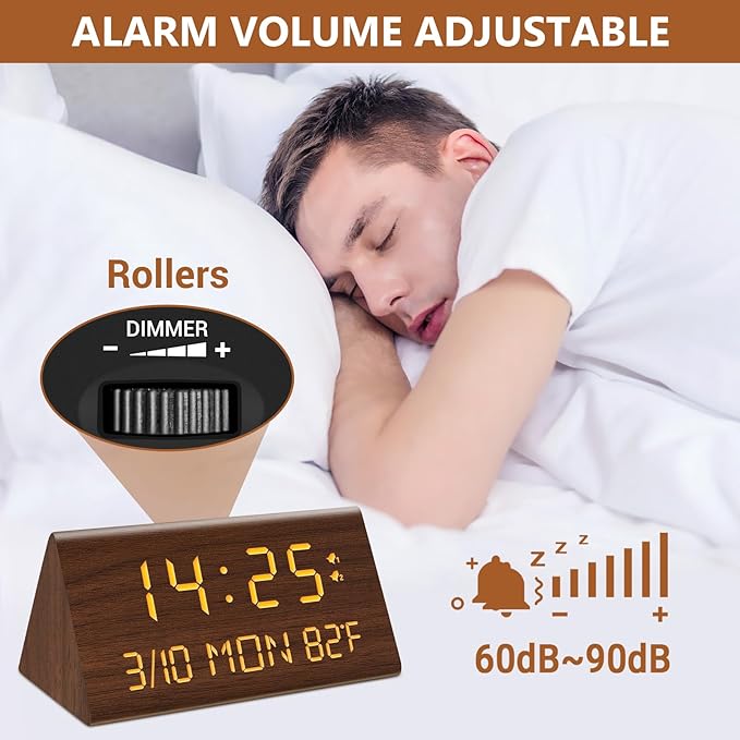 Kogonee Wooden Digital Alarm Clock, 0-100% Dimmer, 2 Alarm Settings, - Image 5