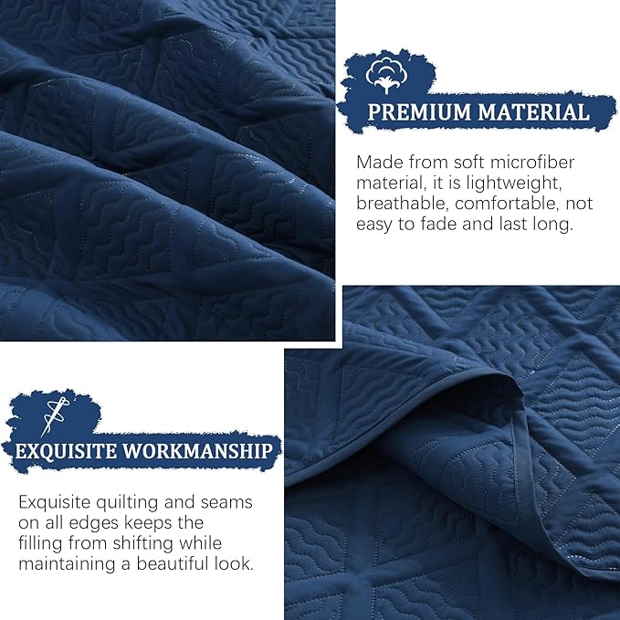 Yiran Quilt Queen Size Bedding Set Navy Blue Bedspreads Embossed Diamond - Image 6
