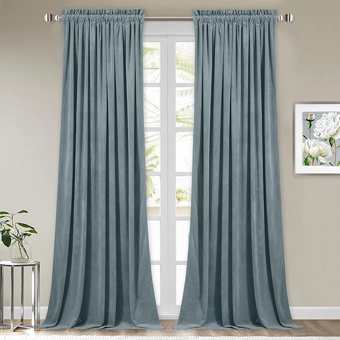 StangH Stone Blue Velvet Curtains 90 inches Long Super Soft Heavy Room Divider by StangH