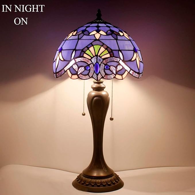 WERFACTORY Tiffany Lamp Stained Glass Table Bedside Lamp 12X12X22 Inches Blue - Image 4