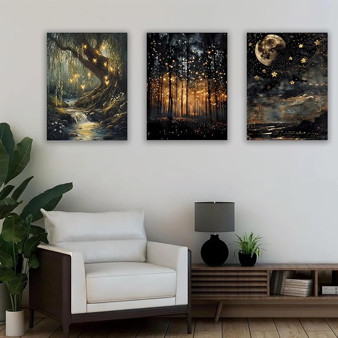 RYZopmuy Forest Wall Art Set – 3 Framed Moon & Fireflies Canvas Prints - Image 3
