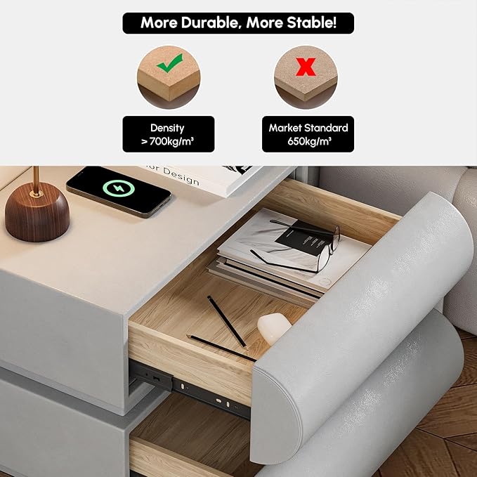 homary Smart Nightstand Modern Light Gray Leather Nightstands - Image 4