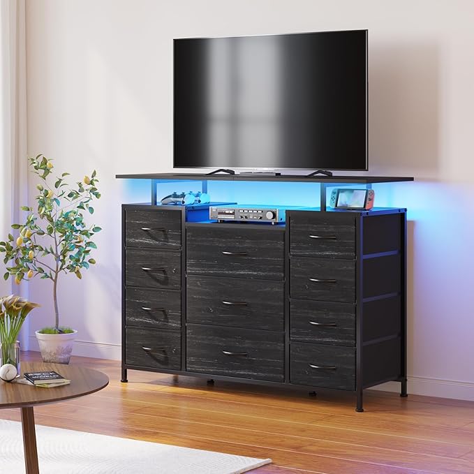 LUMTOK 11 Drawers Dresser with Fabric Drawers, Charging Station, LED Lights and - Image 4