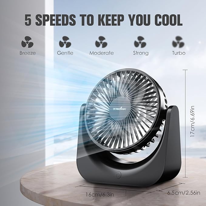 TRILINK Small USB Desk Fan – 5-Speed Mini Table Fan - Image 4