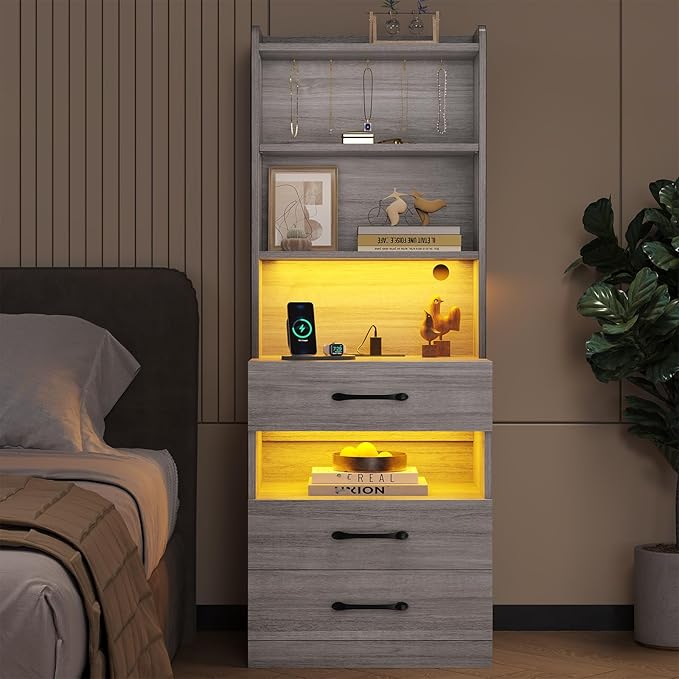 VIAGDO Tall Nightstand with Charging Station and LED Lights, Large Grey Night by VIAGDO