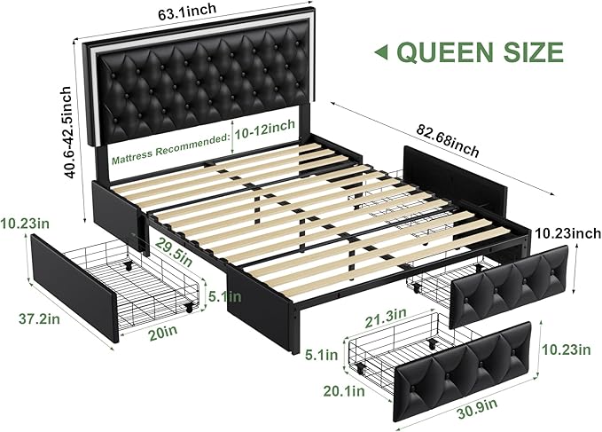 Keyluv Queen Upholstered LED Bed Frame - Image 2