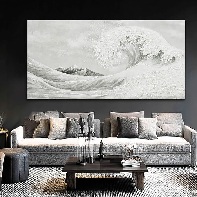 YETHEN WAL Neutral Grey Wave Wall Art – Textured Coastal Canvas Print - Image 5