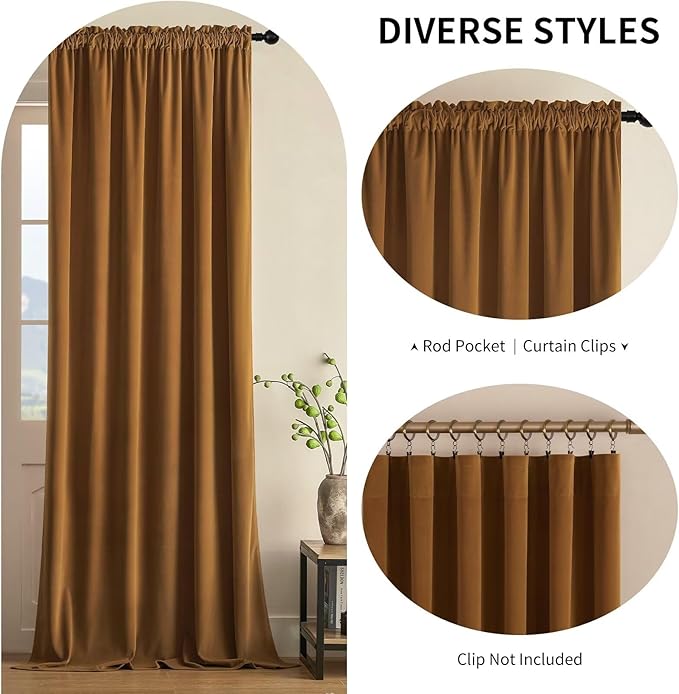 Joydeco Camel Brown Velvet Curtains 84 inch Length 2 Panels, Luxury Blackout - Image 2