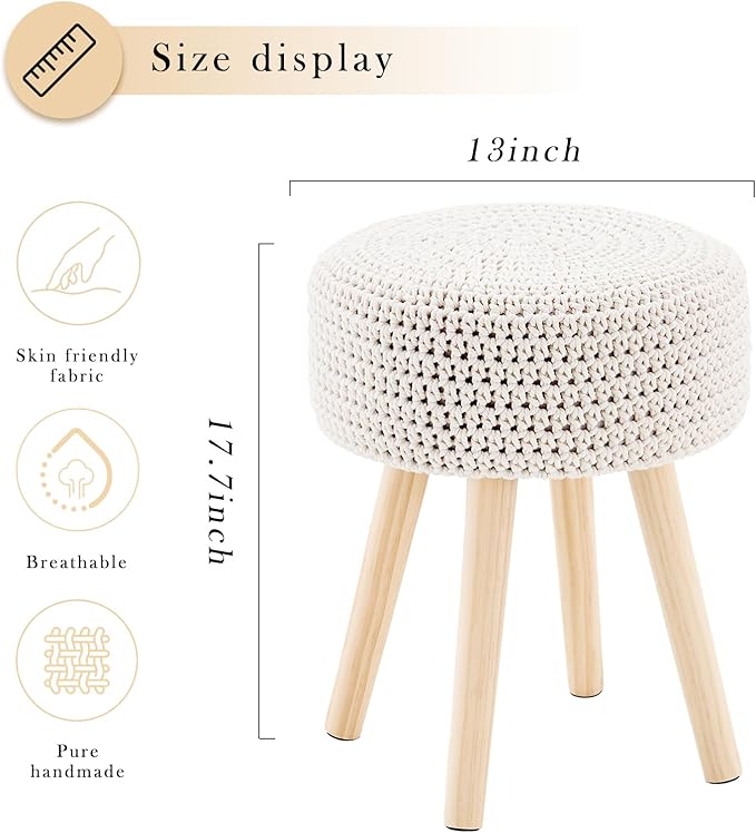 LGENHOOM Cotton Knitted Ottoman Round Footstool Vanity Stool Modern Stool - Image 3