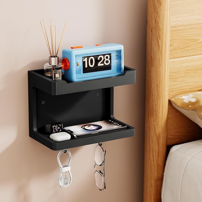 NiHome Large Wall Mounted Wooden Bedside Organizer, Double Storage Shelves & - Image 2