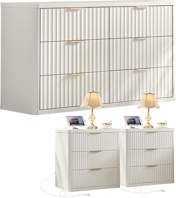 LEYAOYAO 48" Wide Fluted Dresser and 3 Drawers 23" Nightstand Set of 2 by LEYAOYAO-Findtheshiningpointofyourideallife%EF%BC%81
