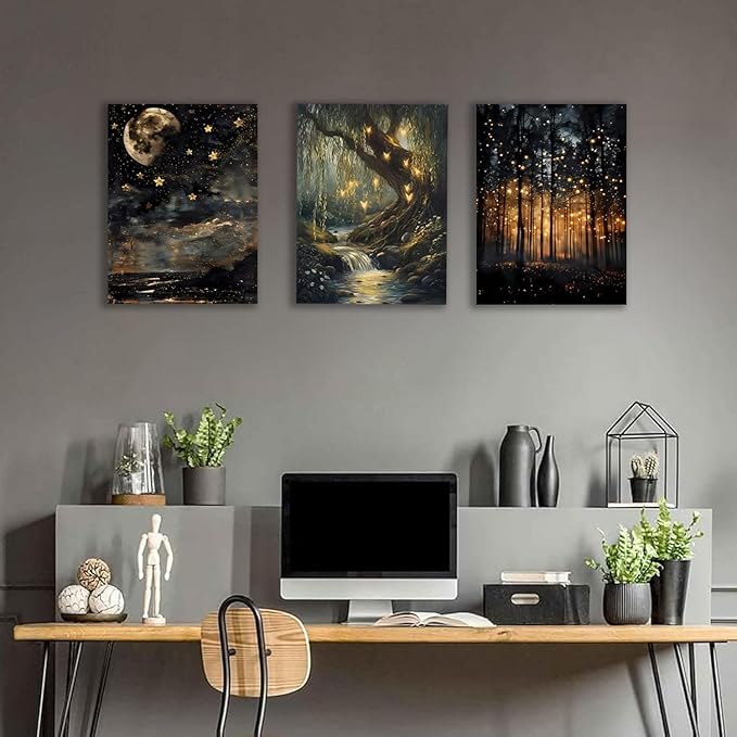 Tranquil Night Forest Framed Canvas Posters Set of 3 Wall art, Moon Fireflies - Image 3