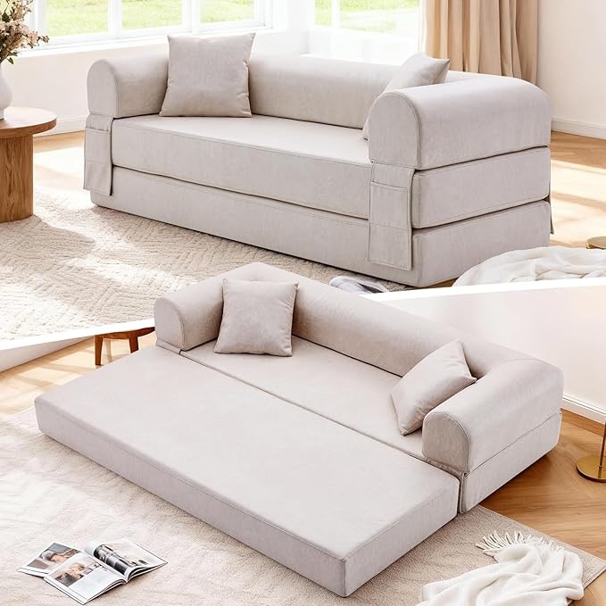 Convertible Folding Sofa Bed, 78.5 Inch Faux Leather Futon Couch by GJQFurniture