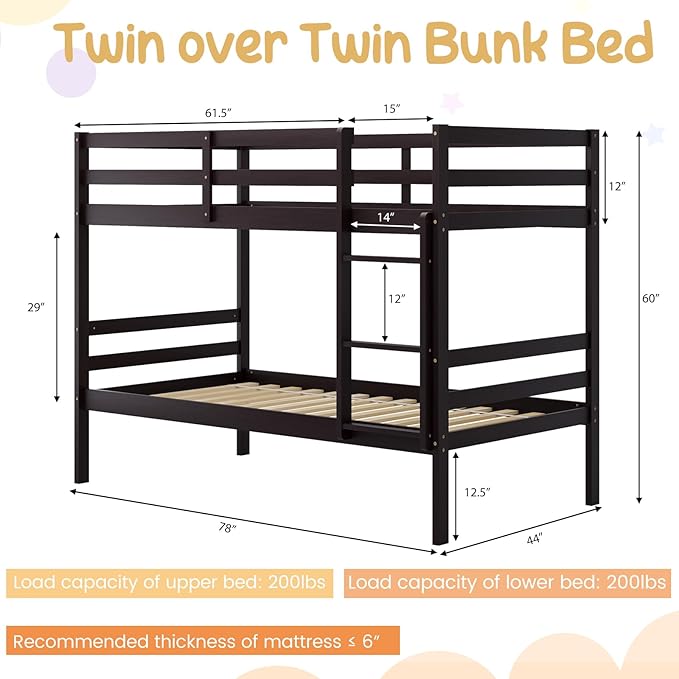 Giantex Bunk Bed Twin Over Twin, Solid Wood Bunk Bed - Image 2