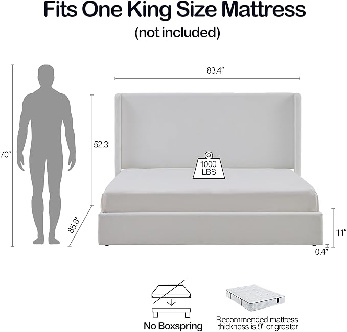 King Size Upholstered Bed Frame, 52.3" High Headboard Carmen Wingback Bed Frames - Image 2
