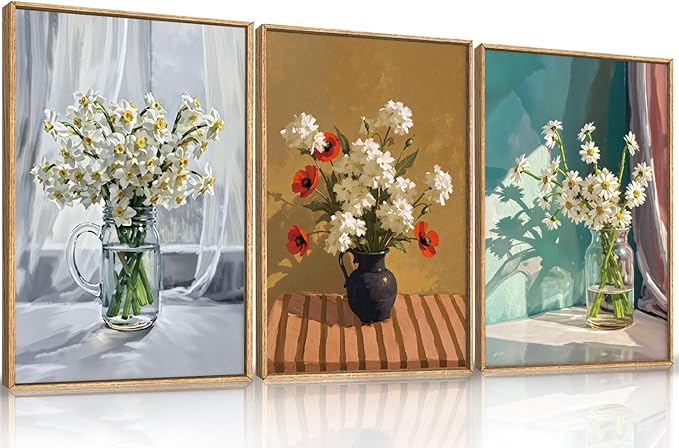 LHIUEM Large Vintage Botanical Floral Framed Canvas Wall Art, Boho White Daisy by LHIUEM