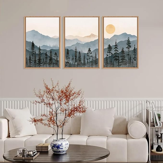 LHIUEM Boho Mountain Framed Canvas Wall Art Set, Forest Pine Tree Wall Decor - Image 2