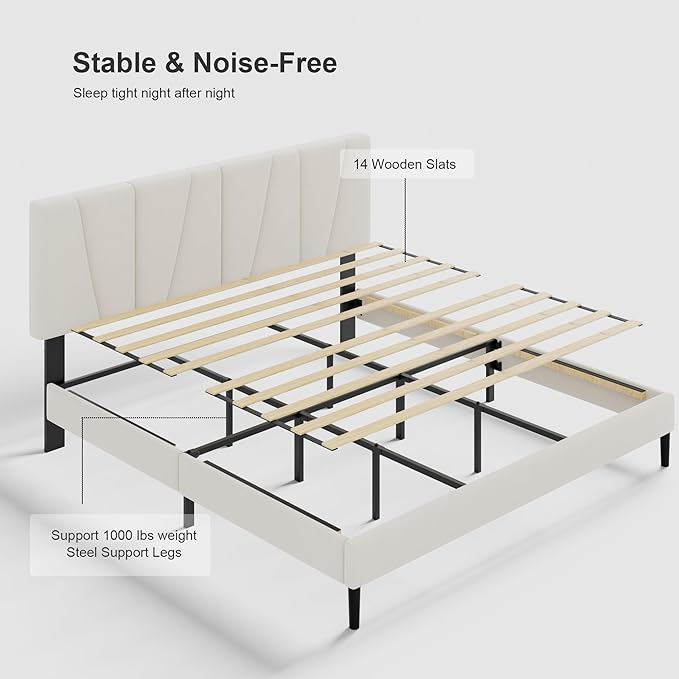 King Size Bed Frame with Fabric Upholstered Headboard, Platform Bed with Wooden - Image 4