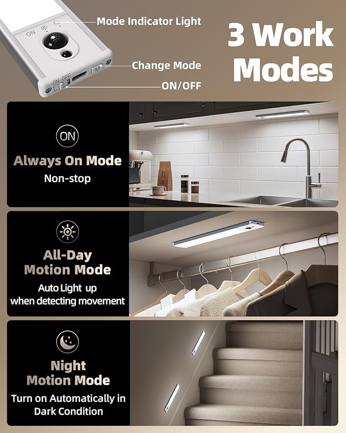 EZVALO 5-Pack Under Cabinet Lighting, 2400mAh Motion Sensor Light, LED Closet - Image 7