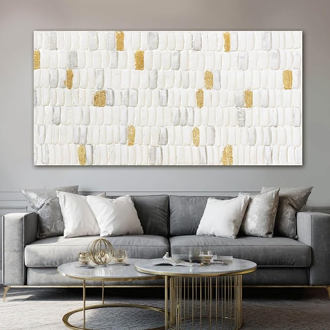 YETHEN WAL White and Gold Textured Abstract Wall Art, Minimalist Neutral Canvas - Image 5