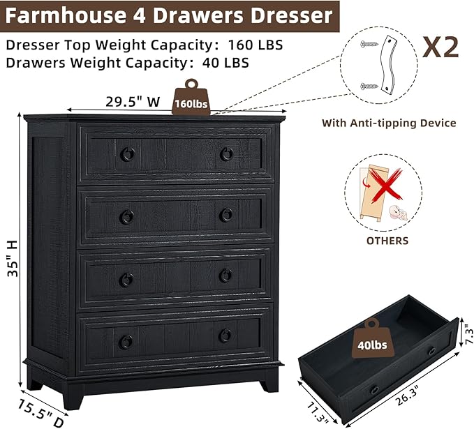 Farmhouse 4 Drawer Dresser for Bedroom, Rustic Wood Dresser - Image 2