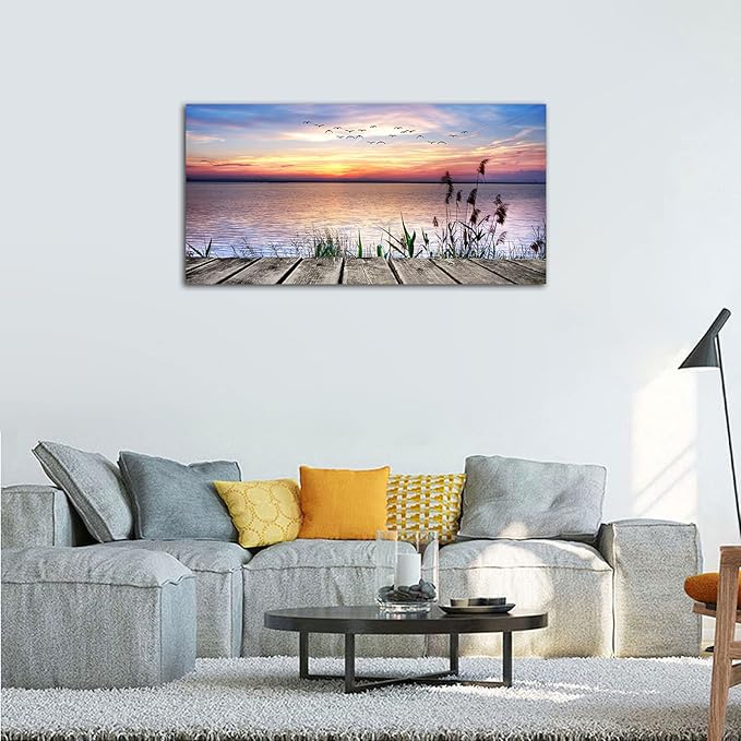 Canvas Wall Art Lake Dock Sunset Scenery Flying Birds Picture Large Beach - Image 3
