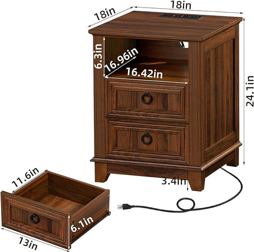 18" Farmhouse Night Stand with Charging Station, 2 Drawers End Table Dresser - Image 2