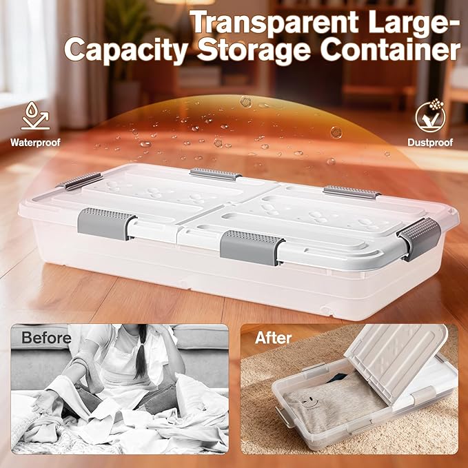 4 PCS*49 Qt Wheeled Latching Under Bed Storage, Double Opening Lids Stackable - Image 6
