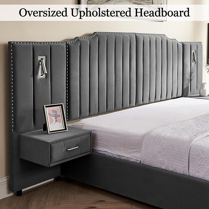 King Size Bed Frame with Storage, Luxury King Platform Bed Frame with Headboard - Image 6