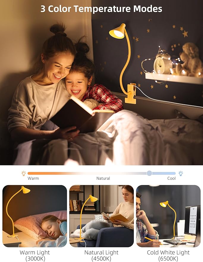 Desk Lamp Clip on Lamp for Bed Headboard LED Reading Light for Bed, 3 Colors 10 - Image 2