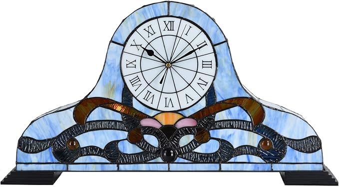 Bieye L10661 Baroque Desk Clock Tiffany Style Stained Glass Accent Table Lamp - Image 8