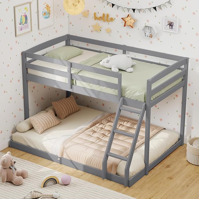 KOMFOTT Low Bunk Bed Twin Over Full, Solid Wood Twin Bed Frame - Image 3