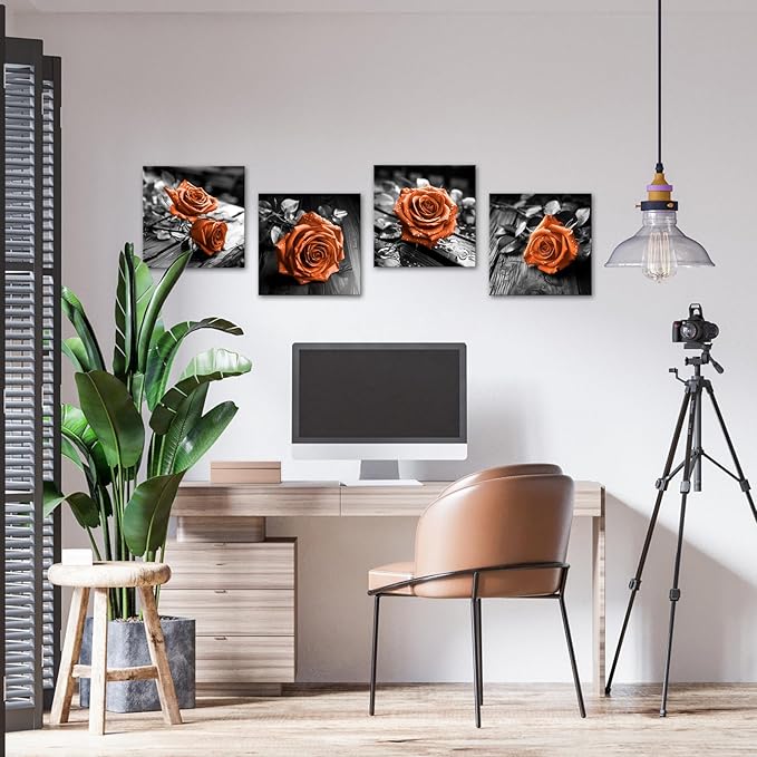 VANSEEING 4 Pieces Orange and Black Rose Flower Canvas Wall Art Floral Pictures - Image 7
