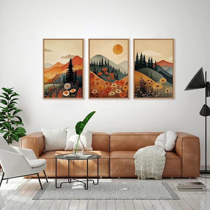 LHIUEM Large Boho Mountain Sunset Framed Canvas Wall Art Set, Pine Tree Flowers - Image 5