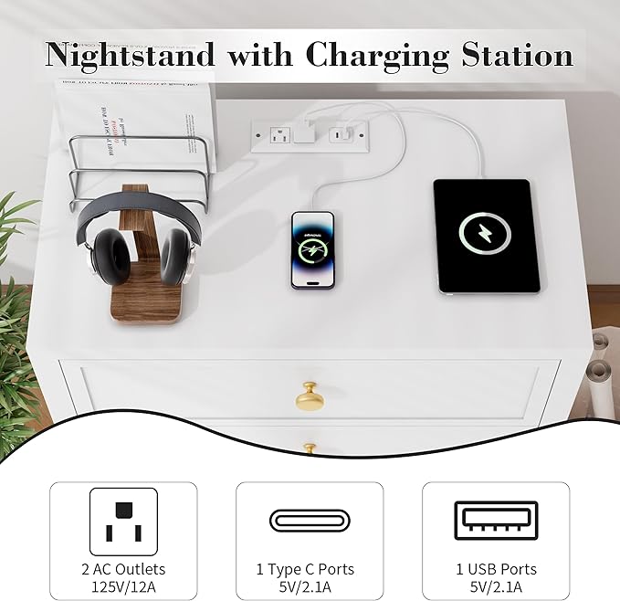 COWMOU Nightstand with Drawers 3 Drawer Night Stand with Charging Station - Image 5