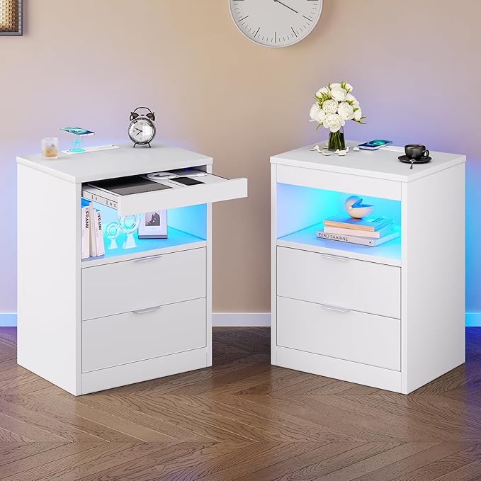 Tiptiper White Nightstand Set of 2, LED Nightstand by Tiptiper