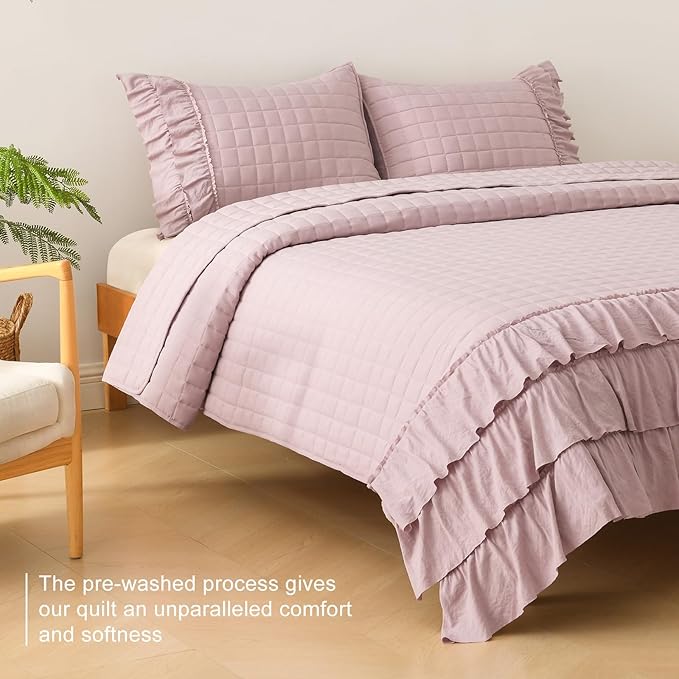 HORIMOTE HOME Dusty Pink Ruffled Quilt Set Queen Size, Classic Geometric Square - Image 3