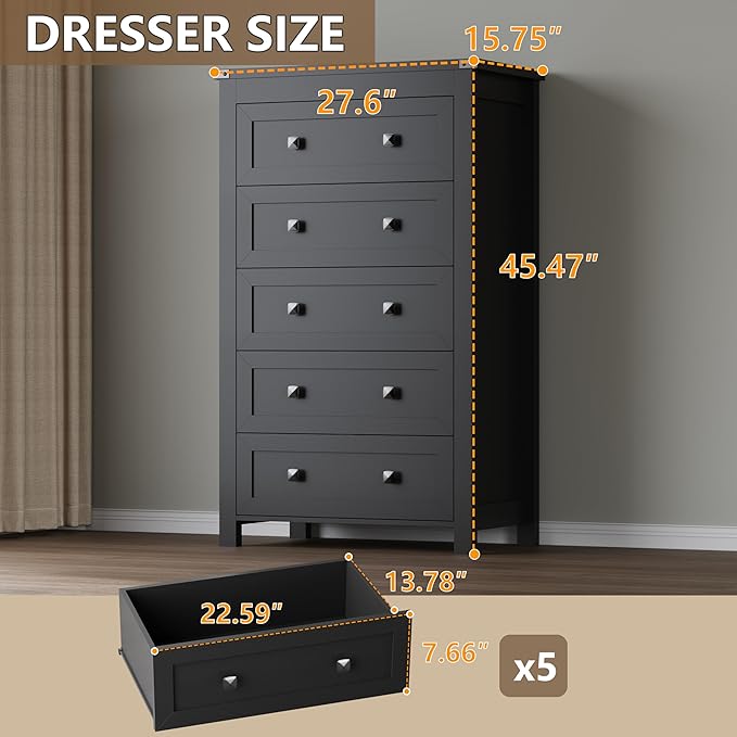 Tall 5-Drawer Dresser, Modern Wooden Storage Chest of Drawers, Dresser TV Stand - Image 2