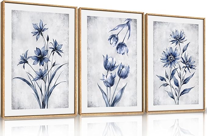 LHIUEM Navy Blue and Grey Flower Framed Canvas Wall Art Set, Modern Botanical by LHIUEM