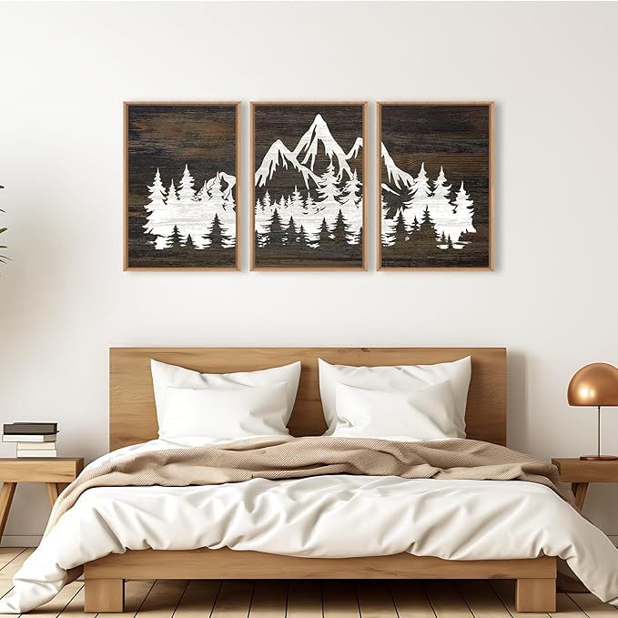 LHIUEM Large Mountain Tree Framed Canvas Wall Art Set, Modern White Forest Art - Image 2